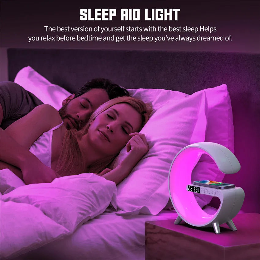 Smart LED Table Lamp, 5-in-1 Night Light Fast Wireless Charging Station, 256 Lights Mode Dimmable Bedside Lamp, Bluetooth Speaker & App Control for Bedroom, Home Decor, Alarm Clock
