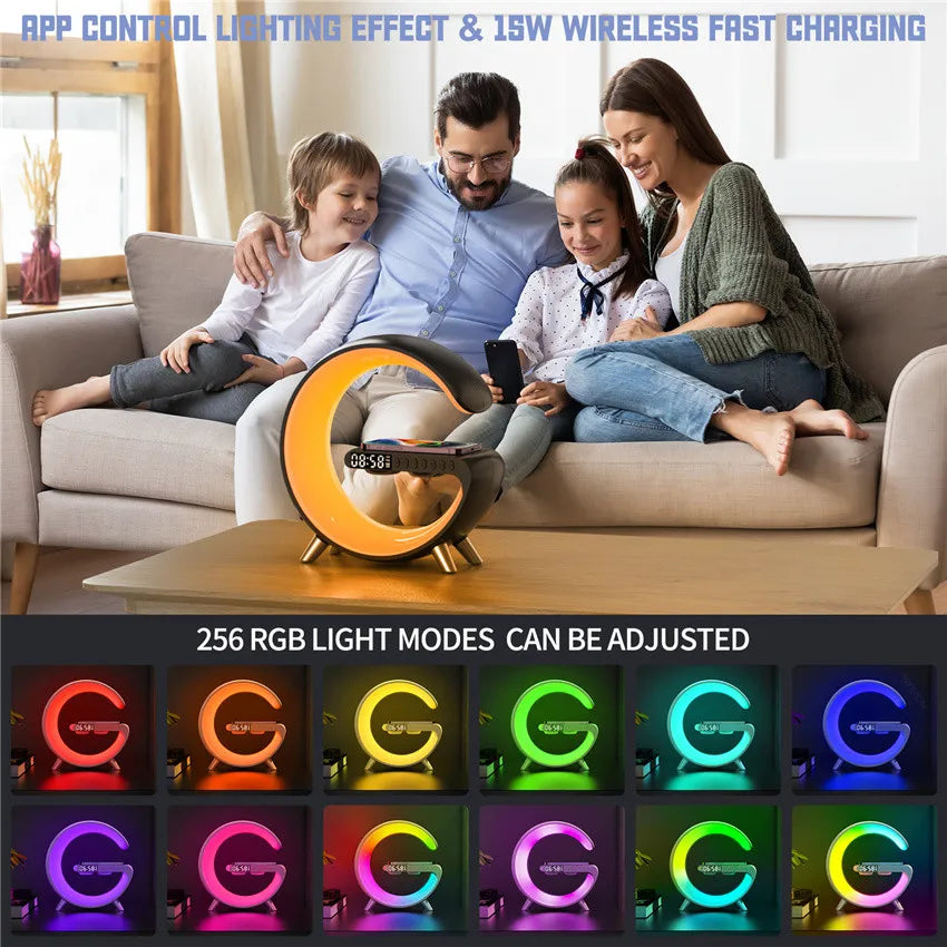 Smart LED Table Lamp, 5-in-1 Night Light Fast Wireless Charging Station, 256 Lights Mode Dimmable Bedside Lamp, Bluetooth Speaker & App Control for Bedroom, Home Decor, Alarm Clock