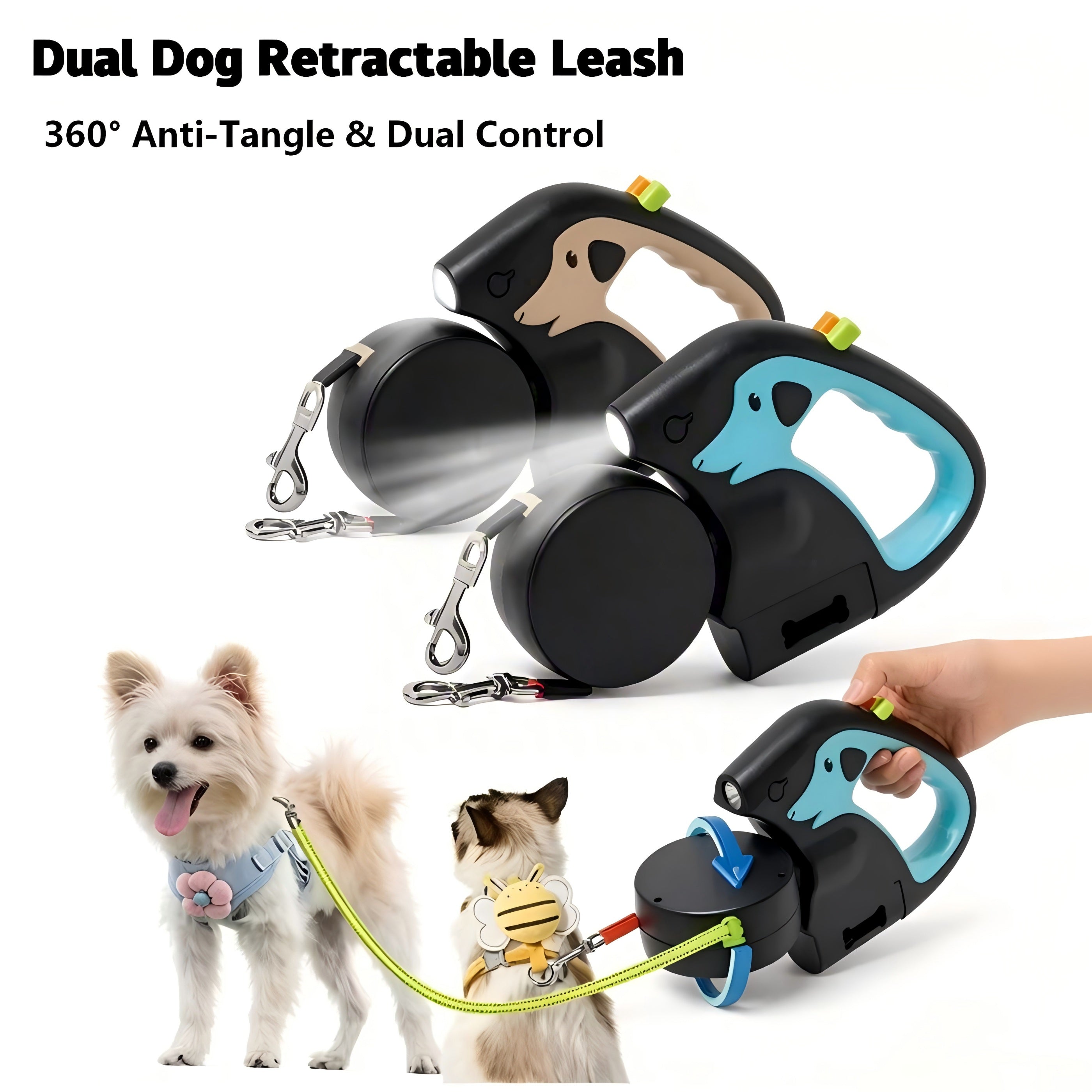 Dual Dog Retractable Leash with Built-in LED Light, 360° Rotating Design, Anti-Slip Handle, USB Rechargeable for Safe Night Walking & Outdoor Activities