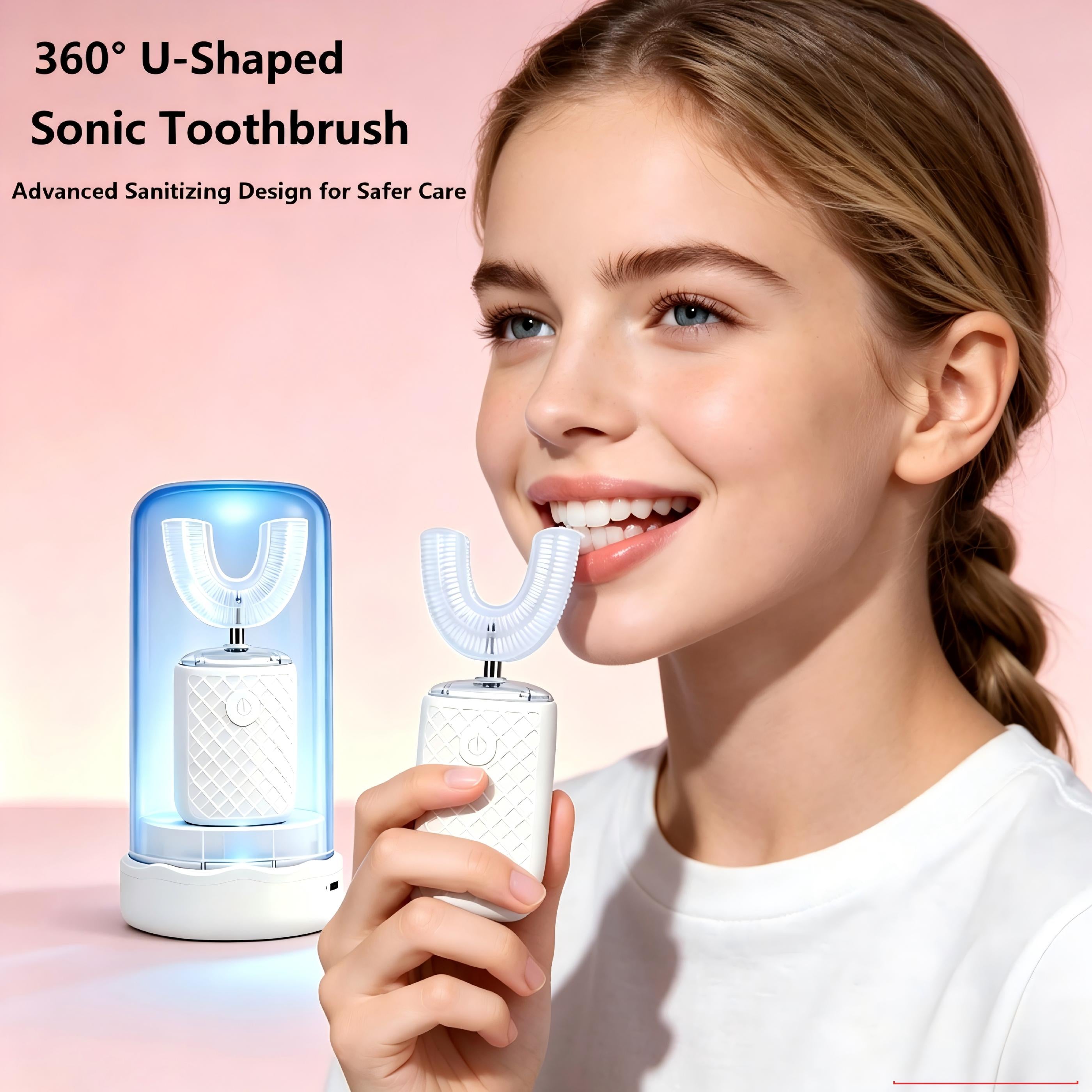 U-Shaped Sonic Electric Toothbrush for Adults & Kids 7+ , 360° Hands-Free Cleaning, Blue Light Whitening Technology, Sanitizing Case, USB Rechargeable, IPX7 Waterproof