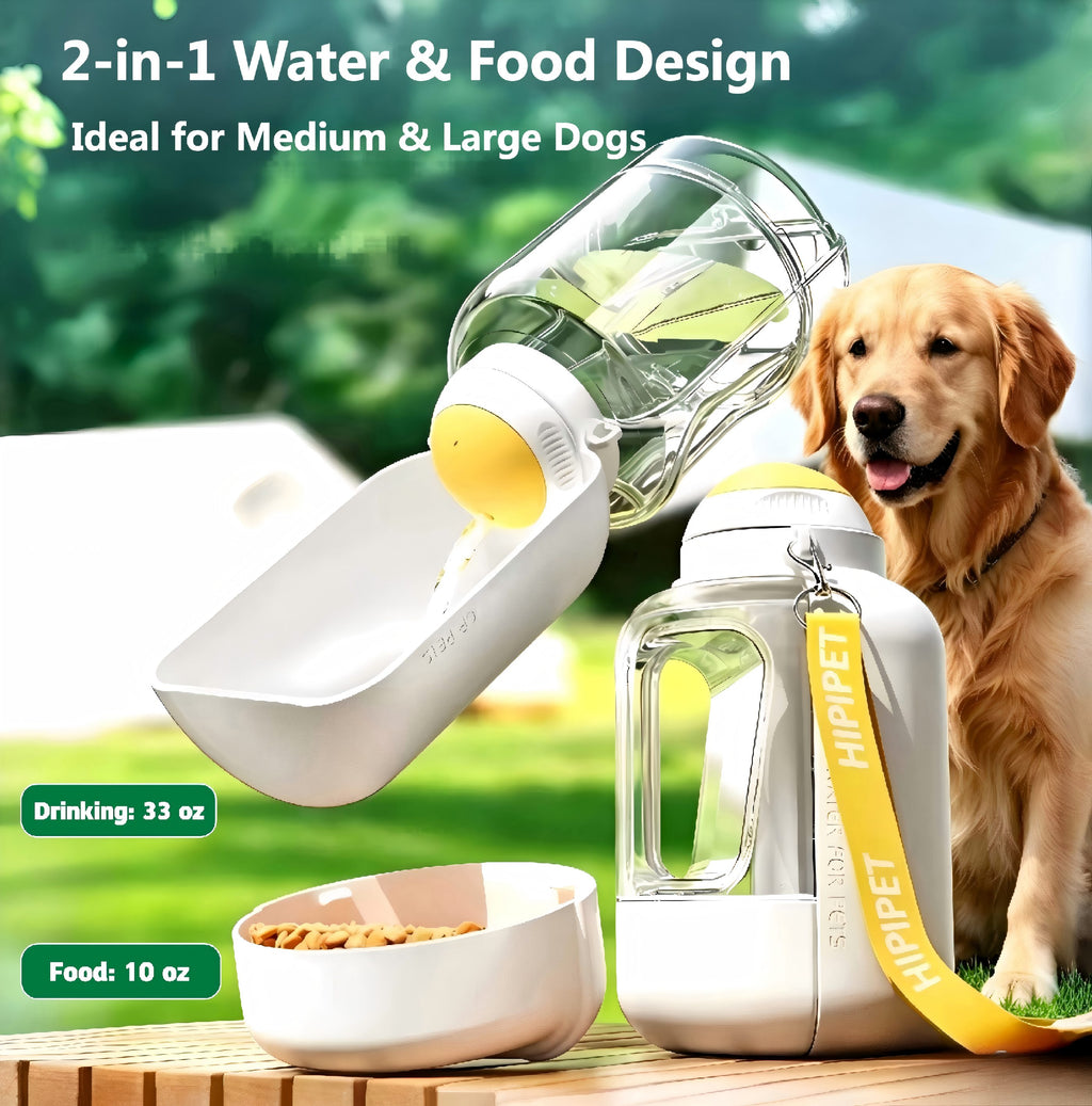 Dog Travel Bottle with Food Container– Large Capacity (32 oz Water & 10 oz Food), Leak-Proof, Perfect for  Dogs or Multiple Pets on the Go