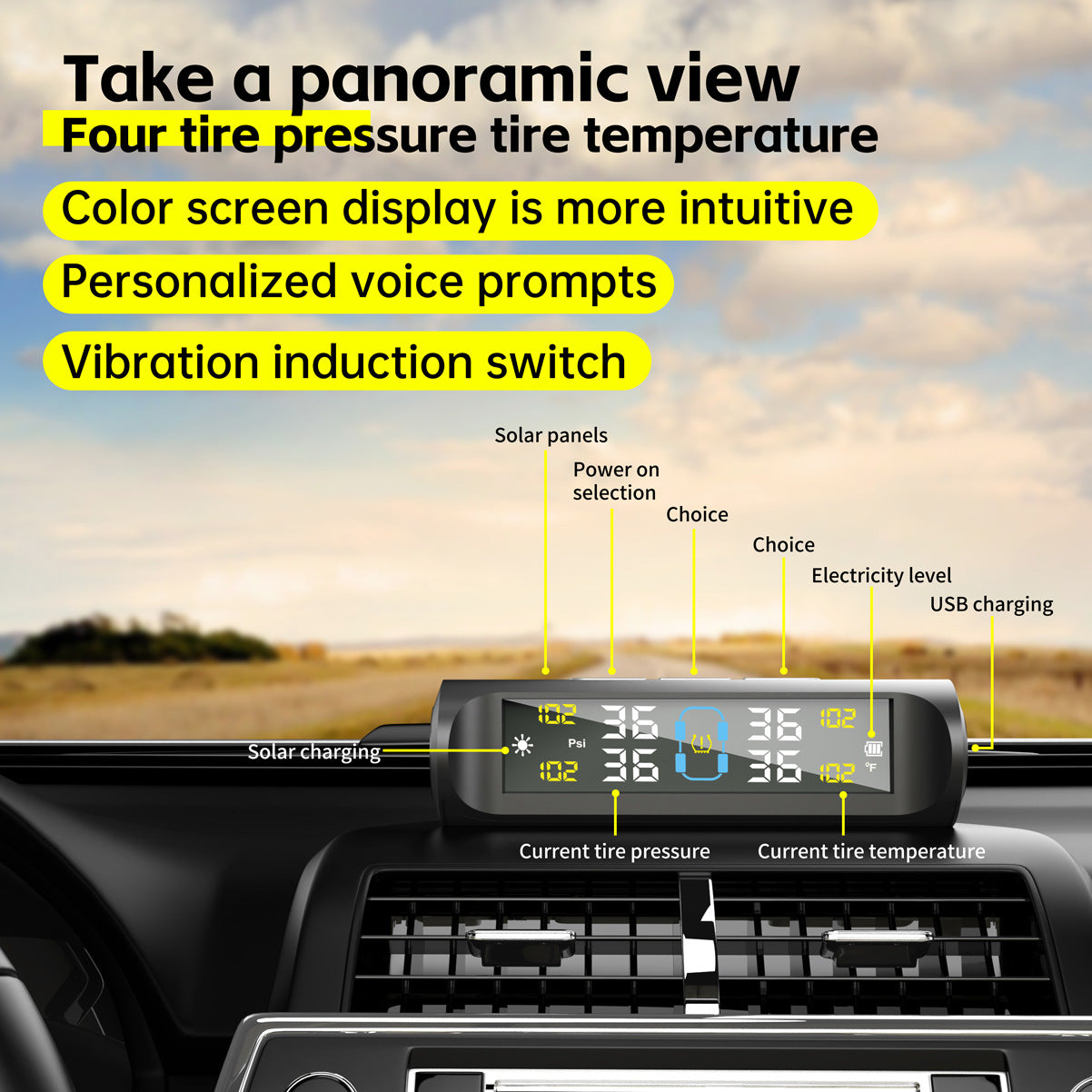 E-ACE Solar Power TPMS Car Tire Pressure Alarm Monitor System Auto Security Alarm Systems Tyre Pressure Temperature Warning