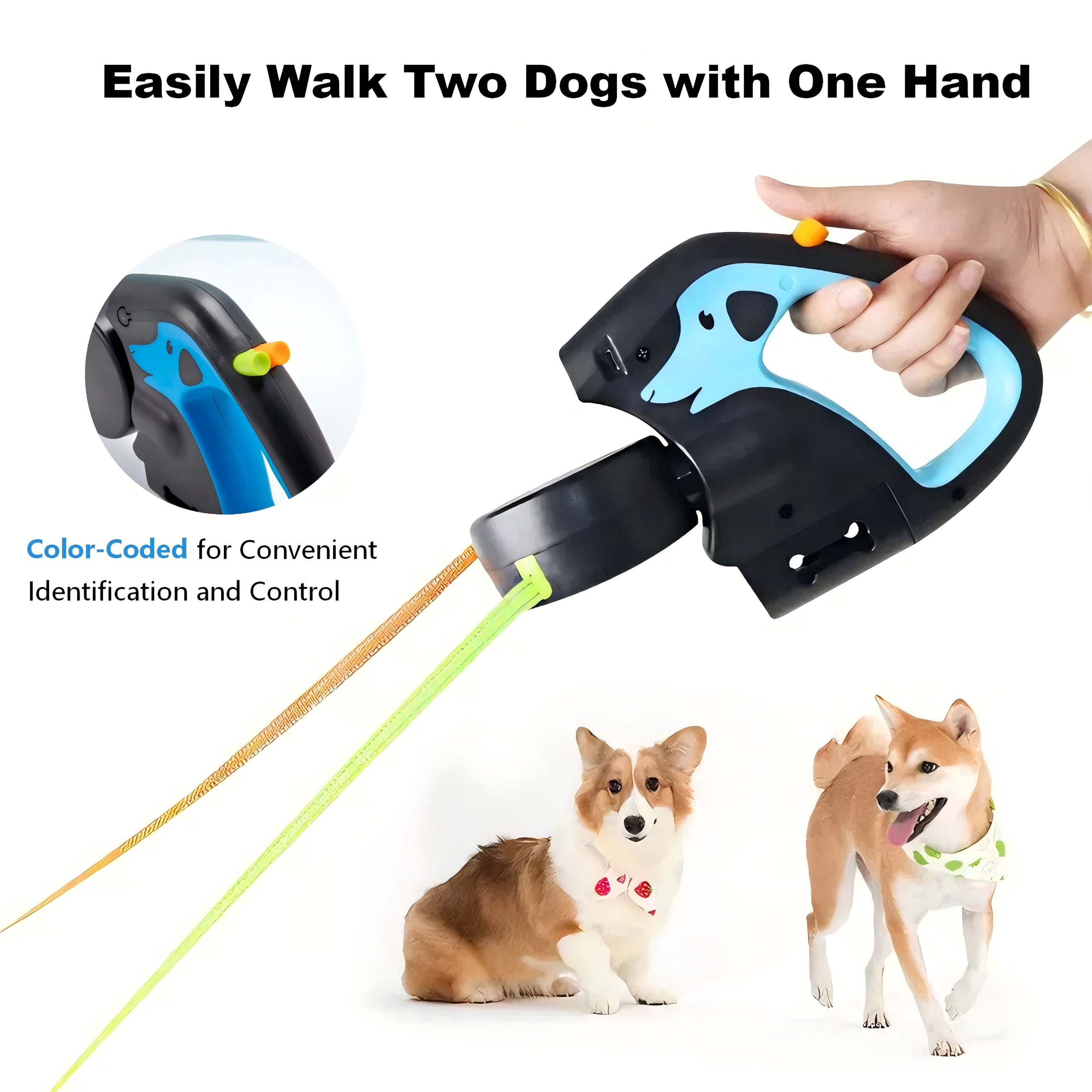 Dual Dog Retractable Leash with Built-in LED Light, 360° Rotating Design, Anti-Slip Handle, USB Rechargeable for Safe Night Walking & Outdoor Activities