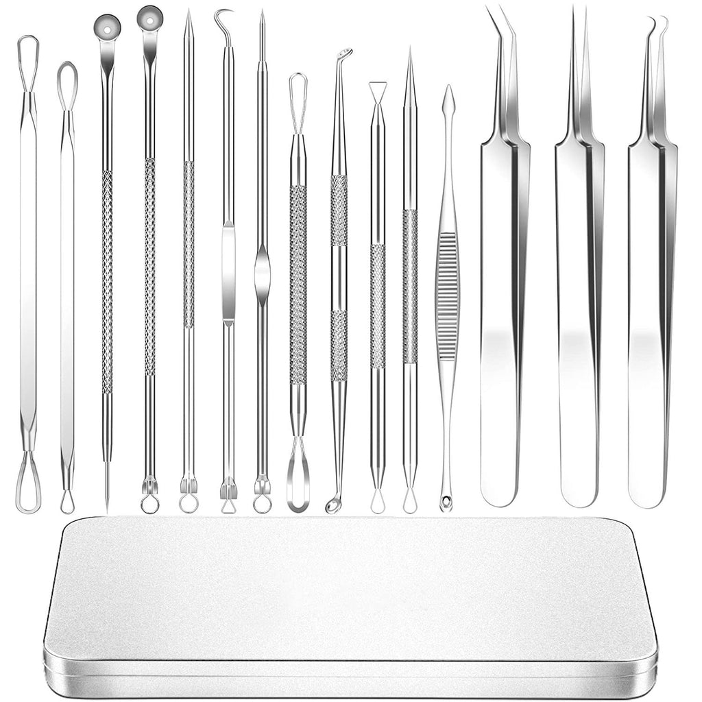 Professional Blackhead Remover Tool Kit, Stainless Steel Pimple Popper & Comedone Extractor Set with Metal Case (Silver)