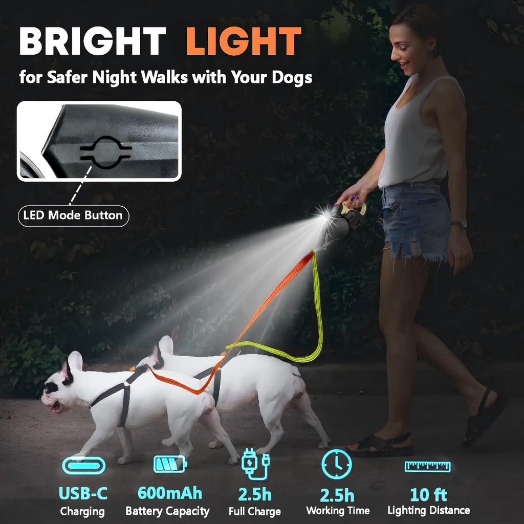 Dual Dog Retractable Leash with Built-in LED Light, 360° Rotating Design, Anti-Slip Handle, USB Rechargeable for Safe Night Walking & Outdoor Activities