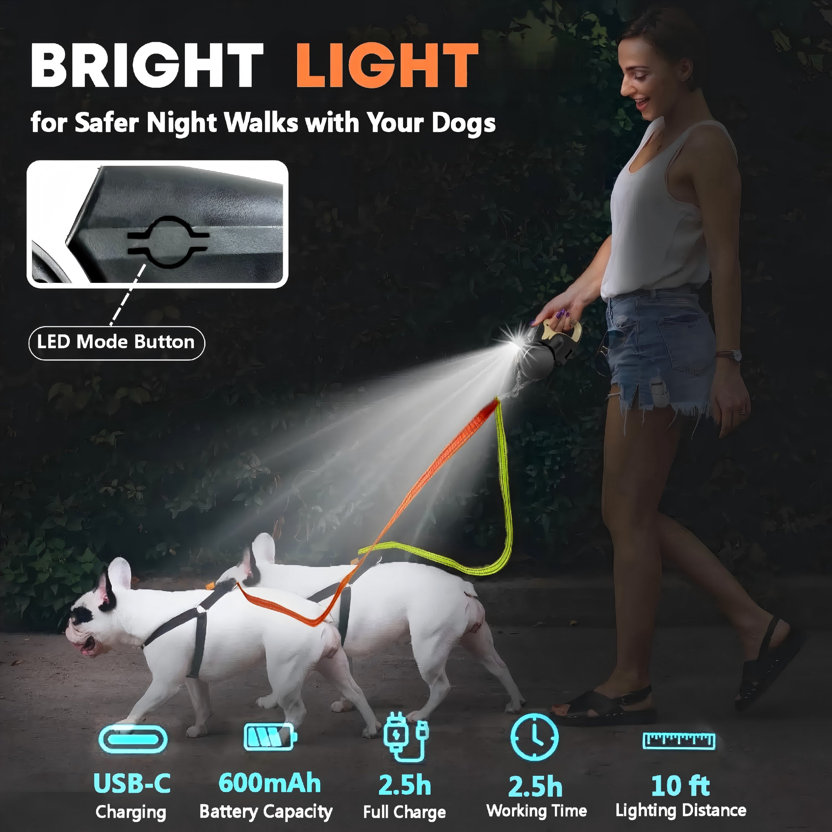 Dual Dog Retractable Leash with Built-in LED Light, 360° Rotating Design, Anti-Slip Handle, USB Rechargeable for Safe Night Walking & Outdoor Activities