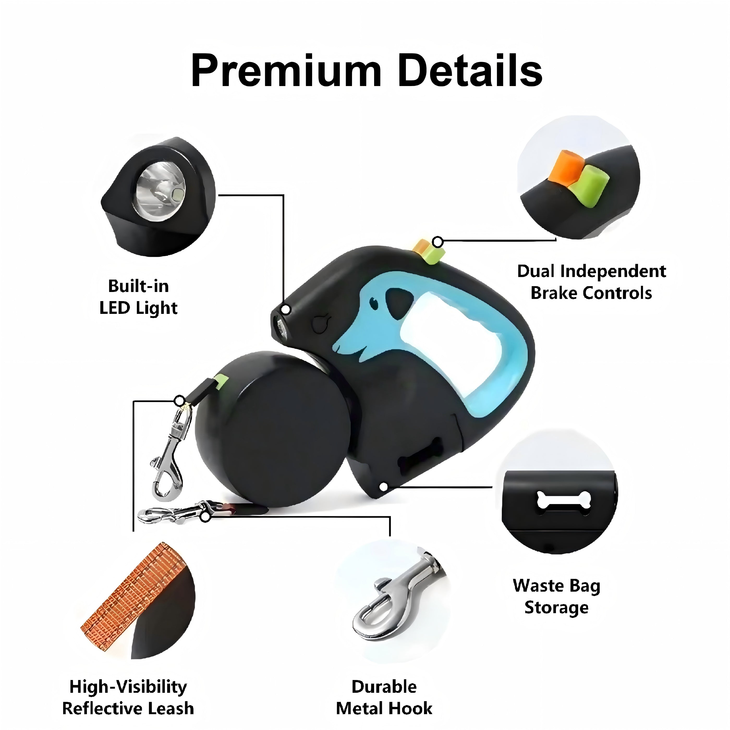Dual Dog Retractable Leash with Built-in LED Light, 360° Rotating Design, Anti-Slip Handle, USB Rechargeable for Safe Night Walking & Outdoor Activities