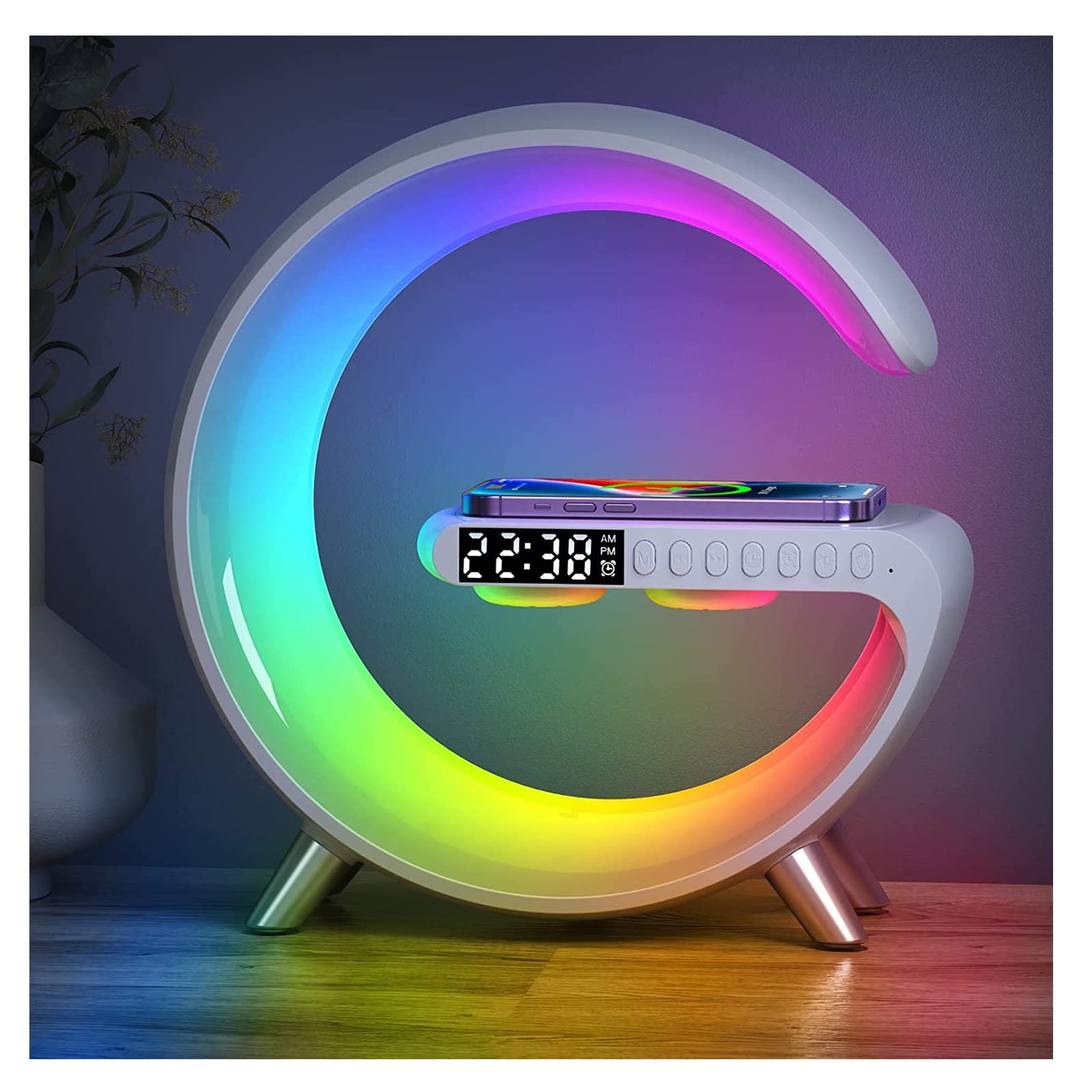 Smart LED Table Lamp, 5-in-1 Night Light Fast Wireless Charging Station, 256 Lights Mode Dimmable Bedside Lamp, Bluetooth Speaker & App Control for Bedroom, Home Decor, Alarm Clock