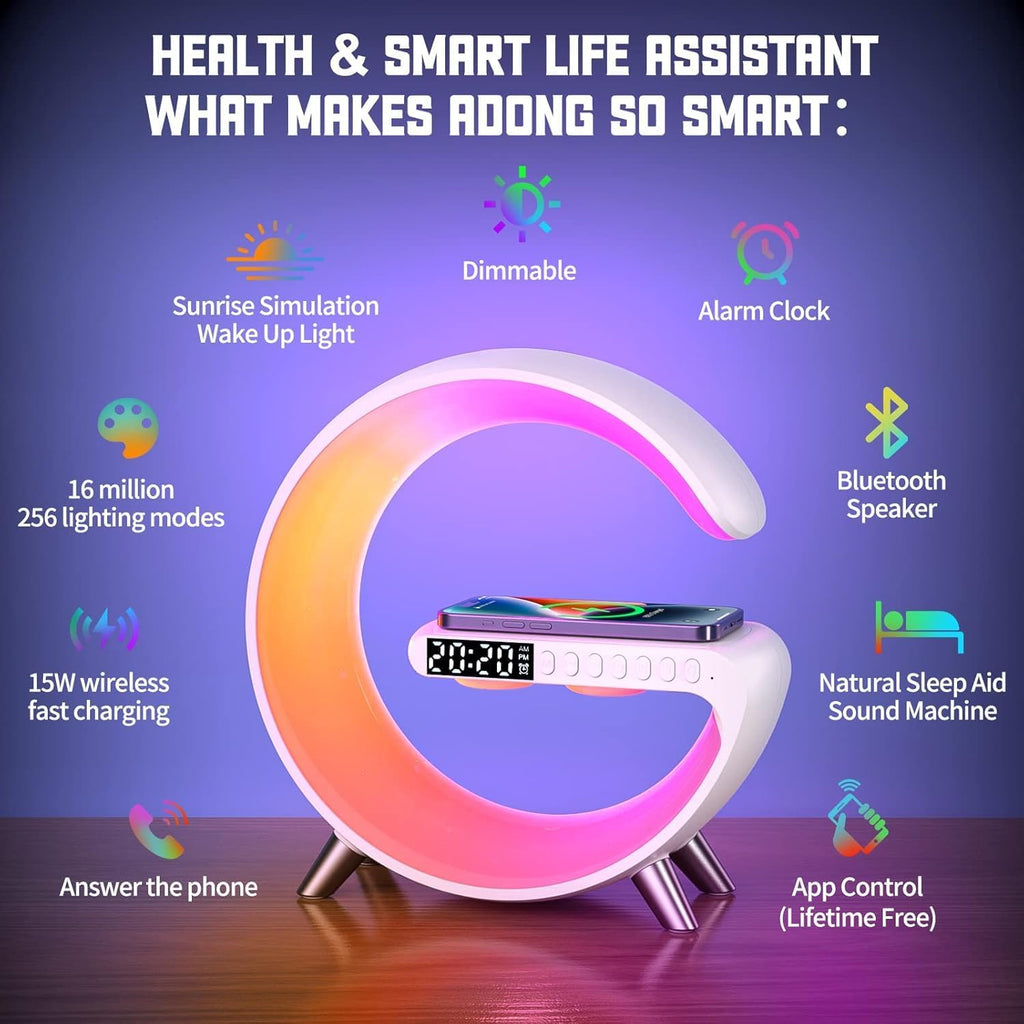 Smart LED Table Lamp, 5-in-1 Night Light Fast Wireless Charging Station, 256 Lights Mode Dimmable Bedside Lamp, Bluetooth Speaker & App Control for Bedroom, Home Decor, Alarm Clock